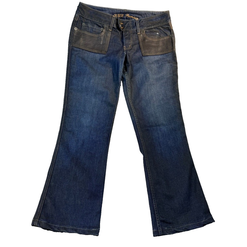 Guess Y2K Jeans Womens 30 Blue Leather Pockets Wide Leg Made In USA Vintage